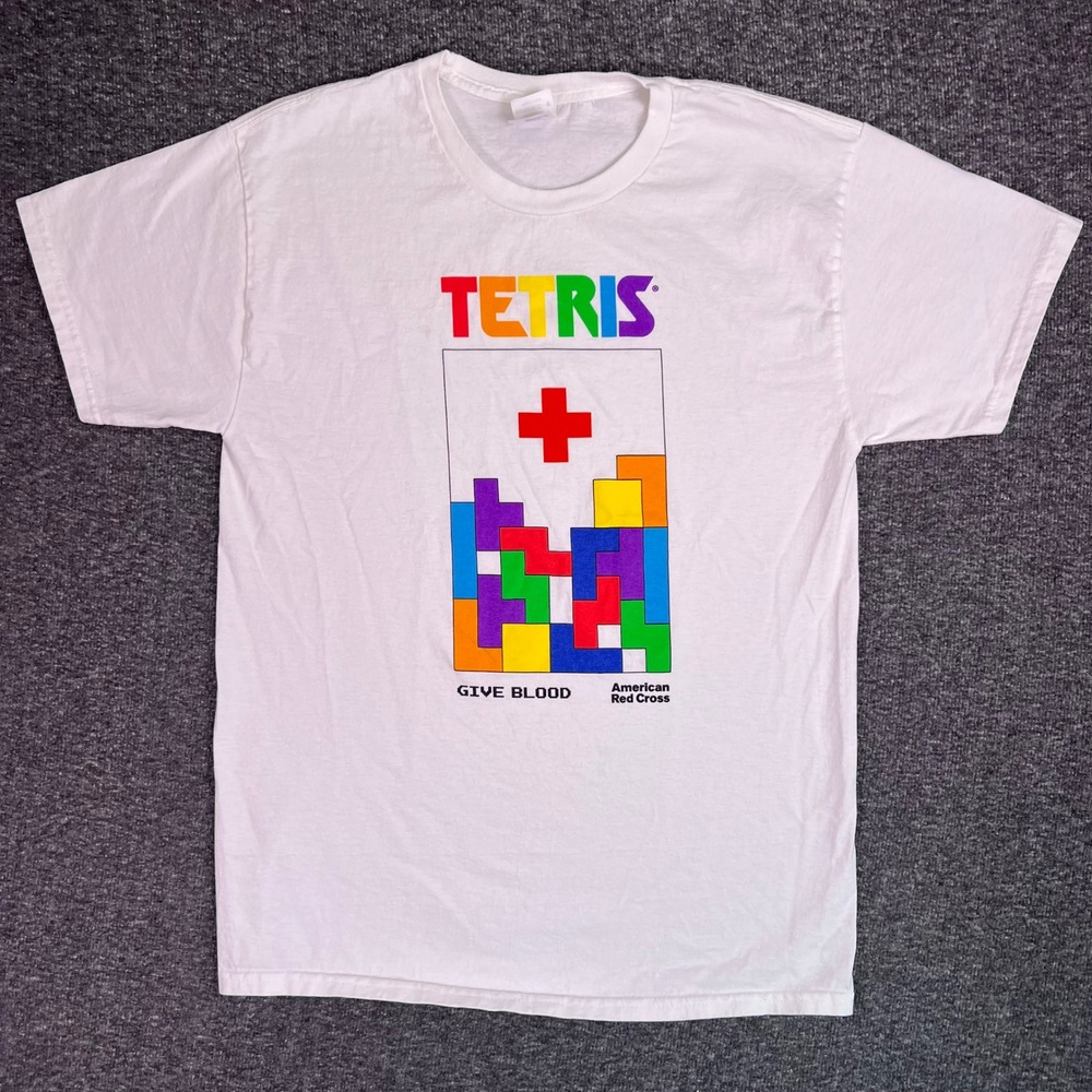 Tetris American Red Cross Shirt Mens‎ M White Give Blood Graphic Tee Retro Style